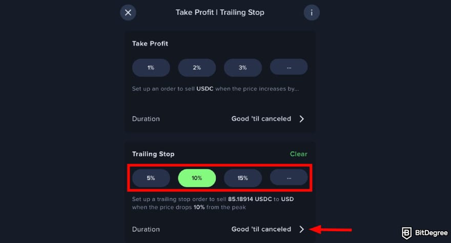 Where to buy XDC: Trailing Stop order settings on Uphold.