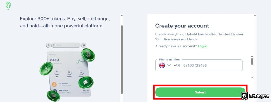 Where to buy XDC: Uphold sign up page.
