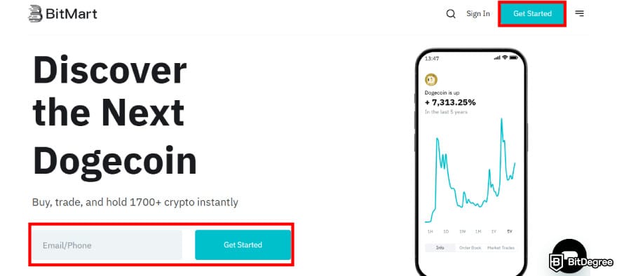 Where to buy XRT crypto: [Get Started] buttons on BitMart.