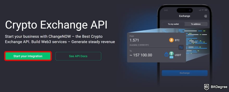 White label crypto exchange: click on [Start Your Integration].
