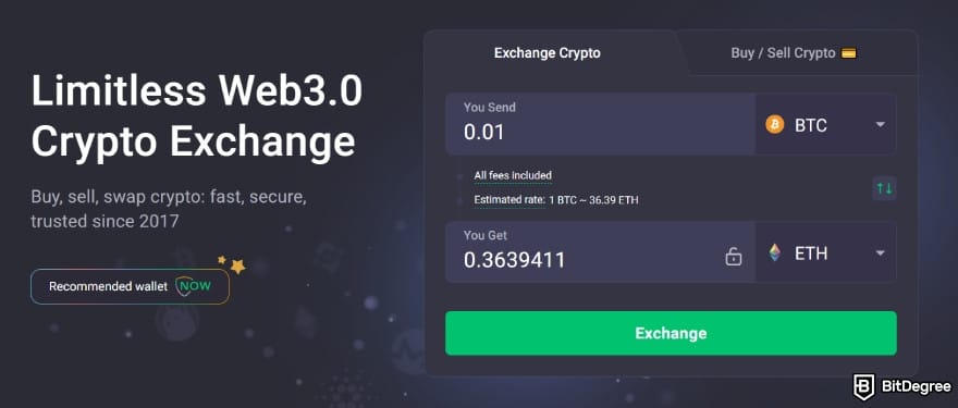 White label crypto exchange: ChangeNOW instant swap interface.
