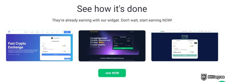 White label crypto exchange: ChangeNOW widget examples.