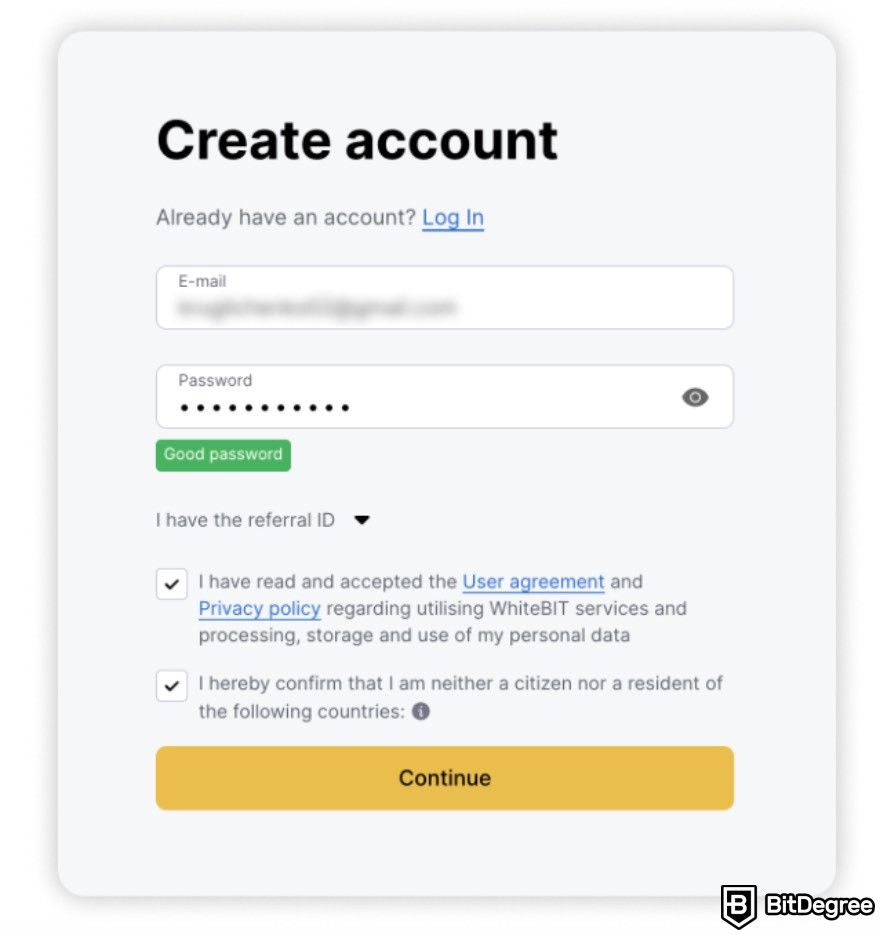 WhiteBIT Review: Create an account window.