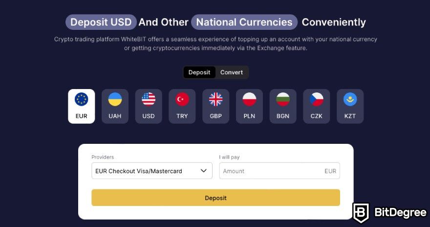 WhiteBIT Review: Supported fiat currencies.