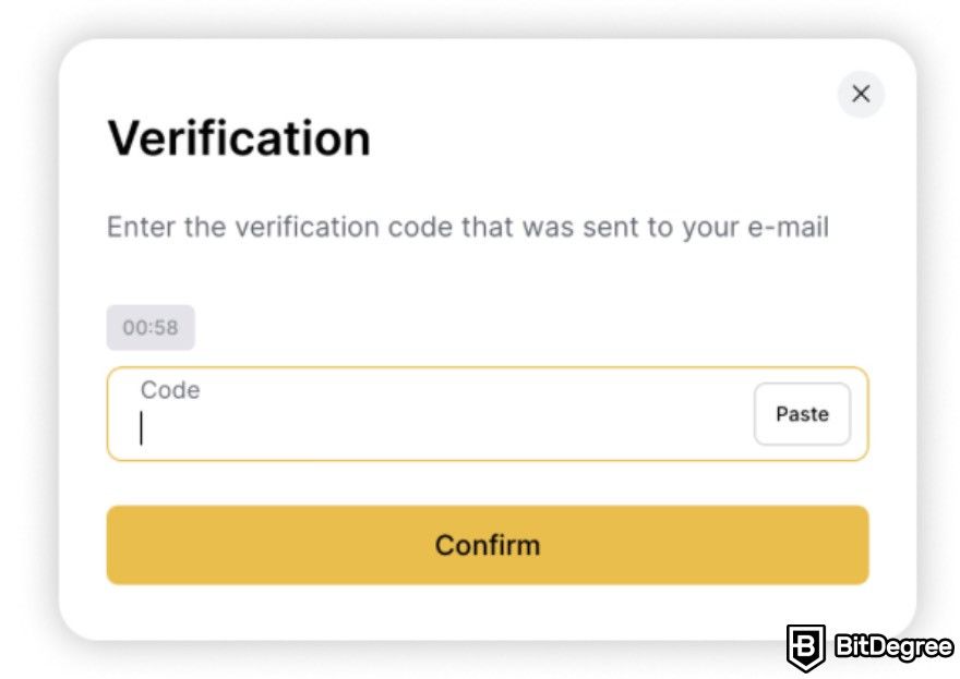 WhiteBIT Review: Verification code window when signing up.