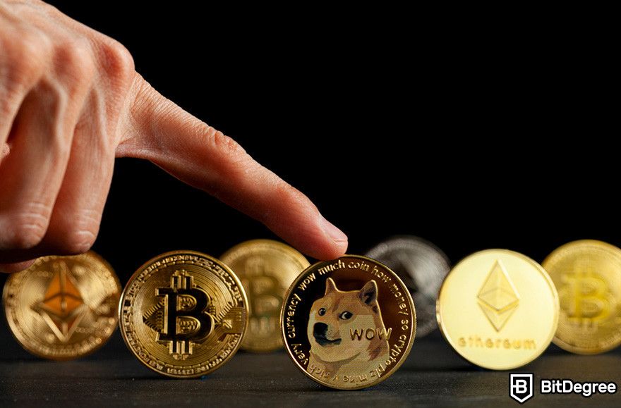 Why does crypto have value: a finger pointing at a Dogecoin among various cryptocurrency coins.