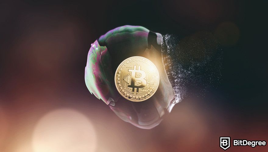 Why is crypto down: a Bitcoin coin inside a bursting bubble.