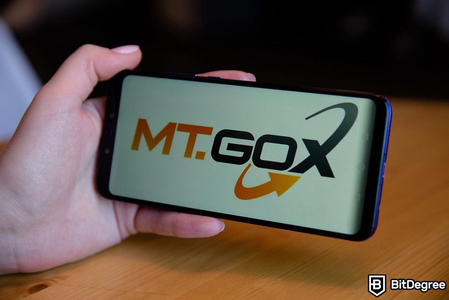 Why is crypto down: a person holding a mobile phone displaying the logo of Mt. Gox.