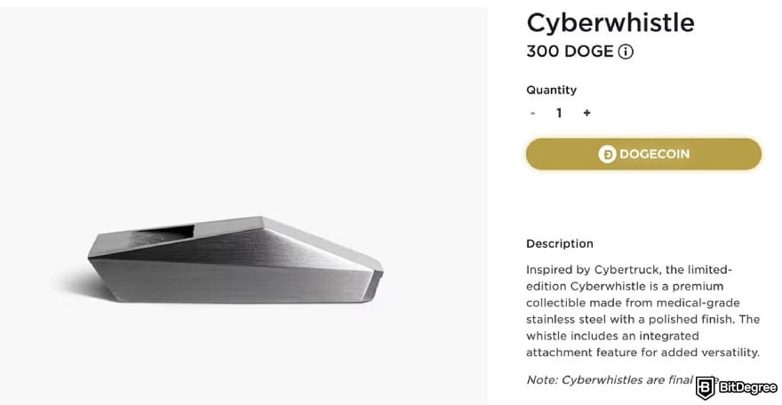 Will Dogecoin reach $1: Tesla's Cyberwhistle's product buy page.