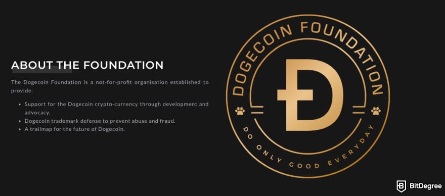 Will Dogecoin reach $1: page explaining what is Dogecoin Foundation.