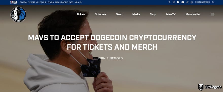 Will Dogecoin reach $1: official Dallas Maverick's page stating they accept Dogecoin as payment.