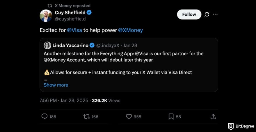 Will Dogecoin reach $1: Cuy Sheffield replying to Linda Yaccarino tweet.