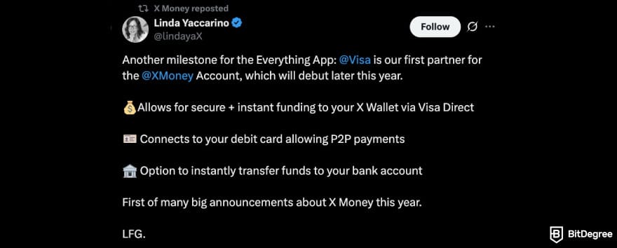 Will Dogecoin reach $1: Linda's Yaccarino tweet about X Money's first partner, Visa.