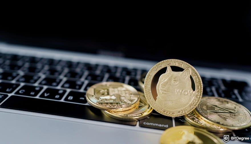 Will Floki Inu reach $1? A few meme coins lying on top of a laptop keyboard.