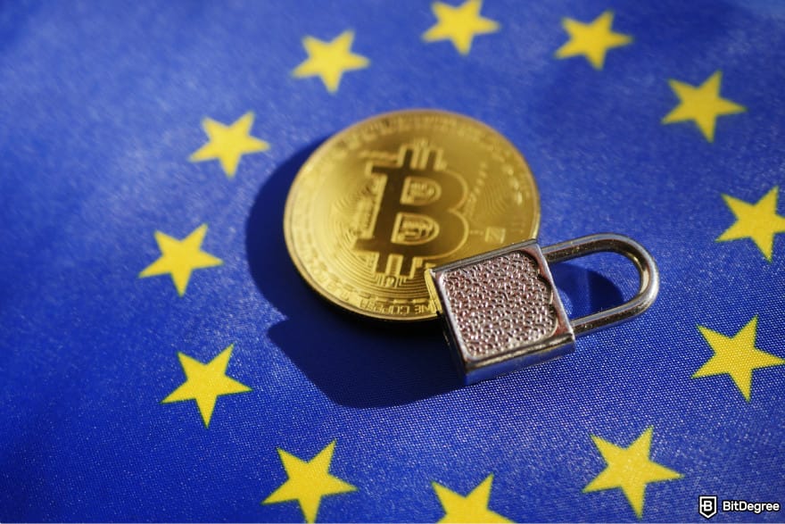 Will Floki Inu reach $1? A Bitcoin lying on an EU flag with a lock next to it.