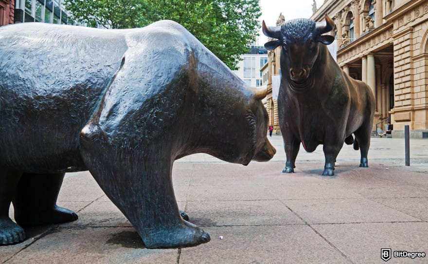 Will Shiba Inu coin reach $1: a bear statue facing a bull statue.