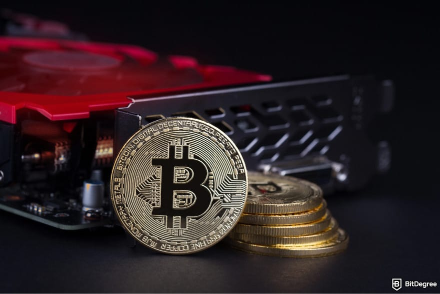 Will Stellar Lumens reach $1: a Bitcoin next to a pile of Bitcoins.