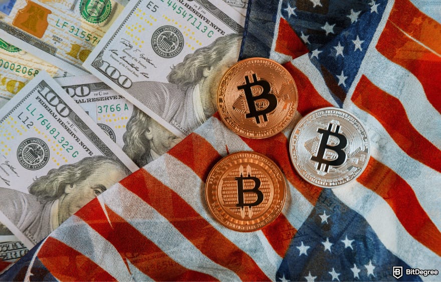 Will Stellar Lumens reach $1: three Bitcoins on top of the US flag.