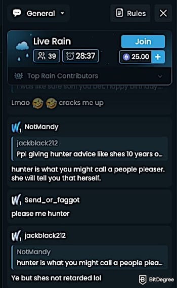 Winna casino review: the community feature on Winna, showing the conversations, countdown timer, and Rain bonuses. Winna casino review: the community feature on Winna, showing the conversations, countdown timer, and Rain bonuses.