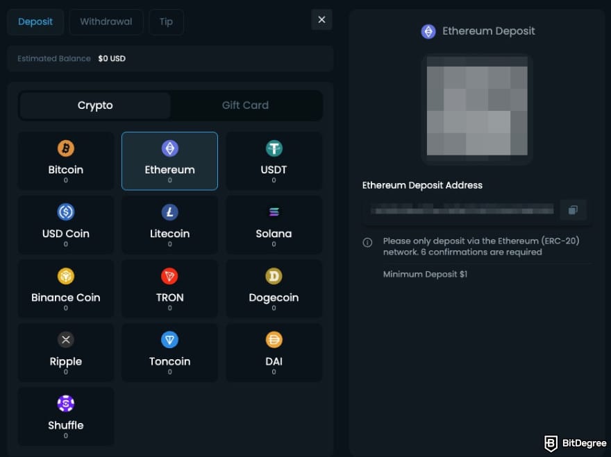 Winna casino review: deposit page, showing available cryptocurrencies, a QR code, and a deposit address. Winna casino review: deposit page, showing available cryptocurrencies, a QR code, and a deposit address.