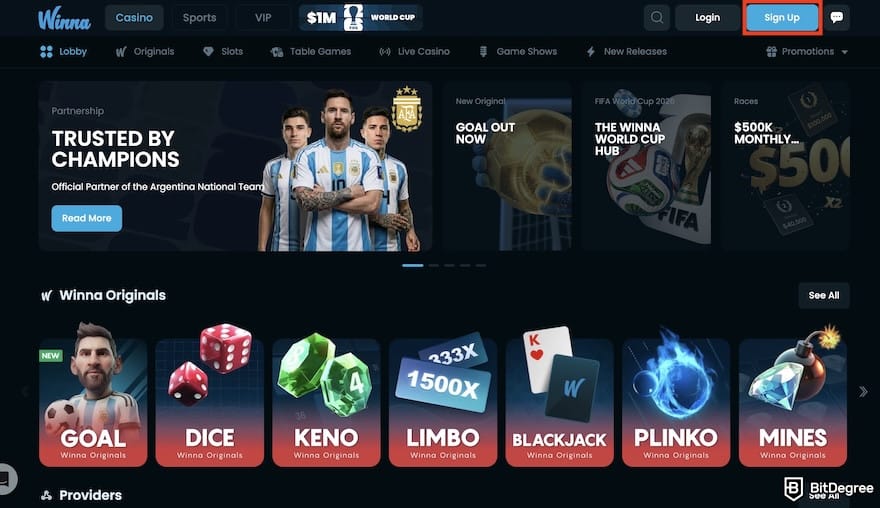 Winna casino review: the [Sign] up button on Winna's homepage highlighted.