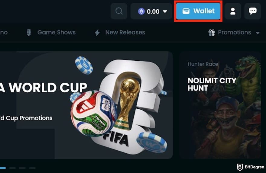 Winna casino review: the [Wallet] button on Winna's homepage.