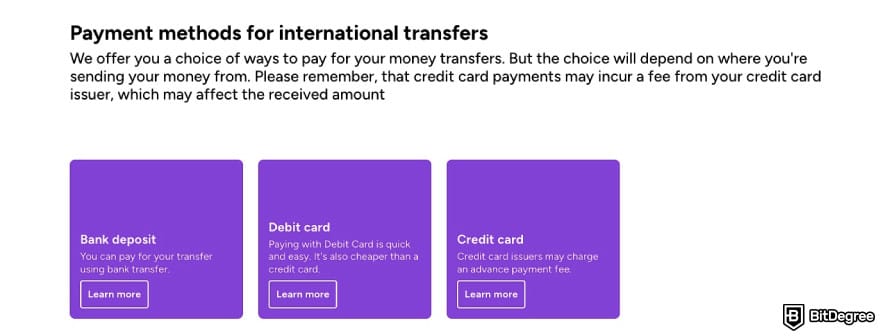 Wise alternatives: WorldRemitly displaying payment methods for international transfers.