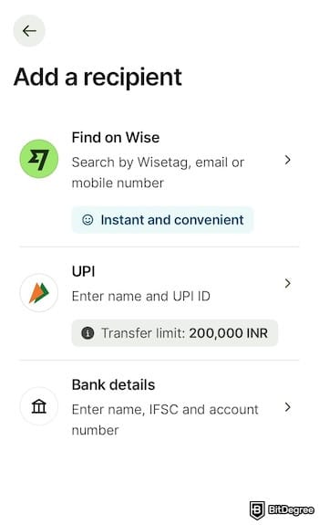 Wise review: adding recipient details, with the [UPI] option for Indians.