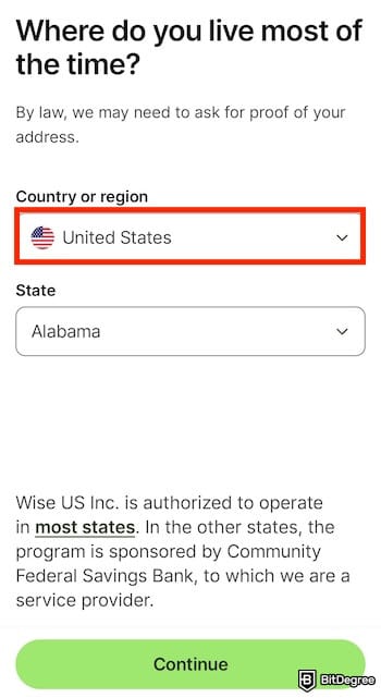 Wise review: the country field showing United States on the Wise app outlined. Wise review: the country field showing United States on the Wise app outlined.