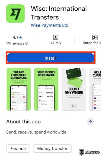 Wise review: the [Install] button when downloading Wise on Play Store.
