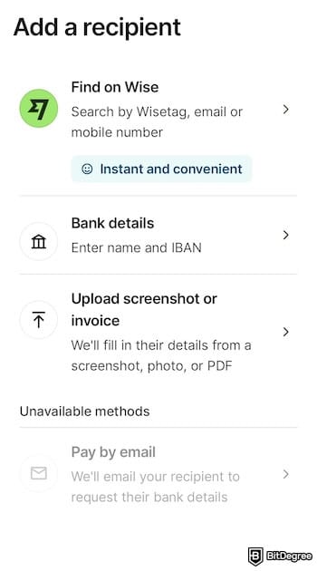 Wise review: available transfer methods on the Wise app. Wise review: available transfer methods on the Wise app.