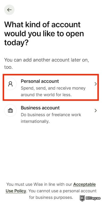 Wise review: the [Personal account] on the Wise app outlined.