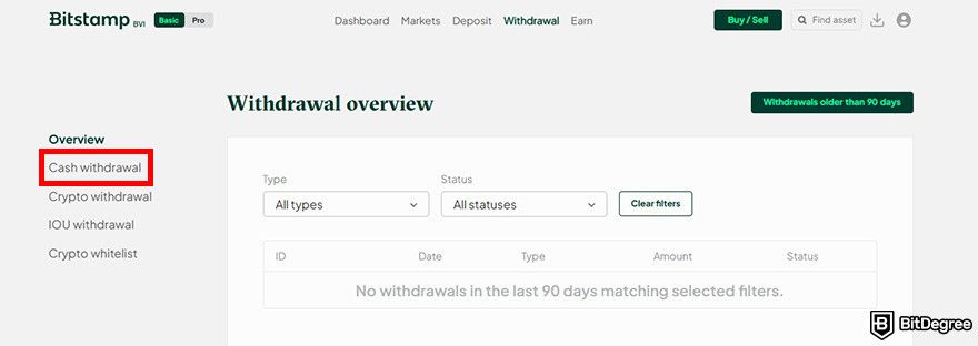 Withdrawal Bitstamp: Bitstamp withdrawal interface with the Cash withdrawal button highlighted.