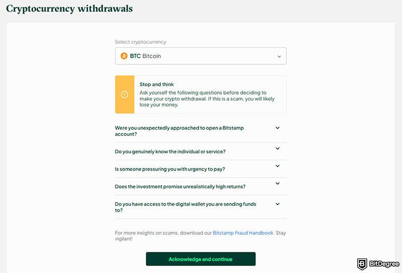 Withdrawal Bitstamp: the asset selection page along with fraud prevention questions when withdrawing crypto from Bitstamp.