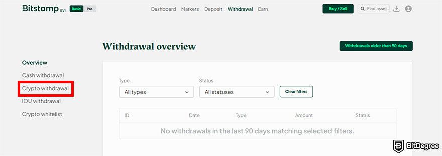 Withdrawal Bitstamp: Bitstamp withdrawal interface with the Crypto withdrawal button highlighted.