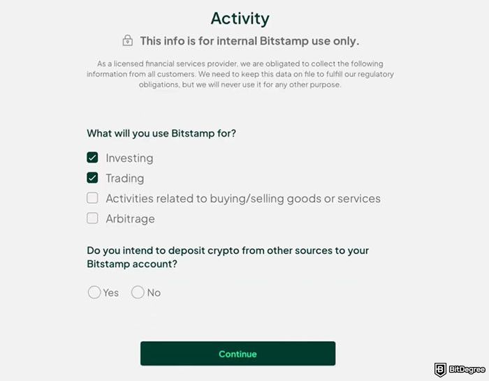 Withdrawal Bitstamp: Bitstamp form for user activity and crypto deposit intent.