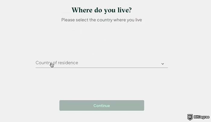 Withdrawal Bitstamp: the page for entering country of residence during Bitstamp sign up process.