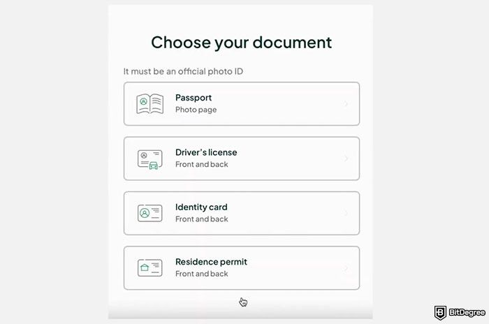 Withdrawal Bitstamp: the document options to complete the KYC process on Bitstamp.