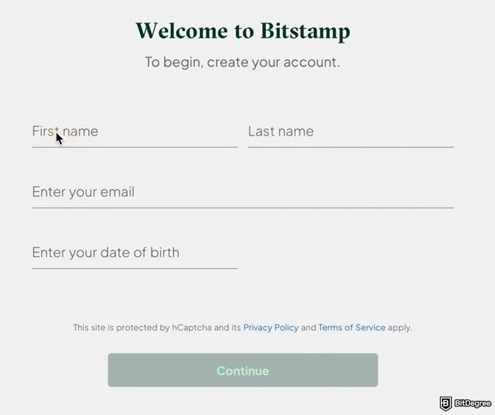 Withdrawal Bitstamp: the initial sign up page on Bitstamp showing the fields for name, email address, and date of birth.