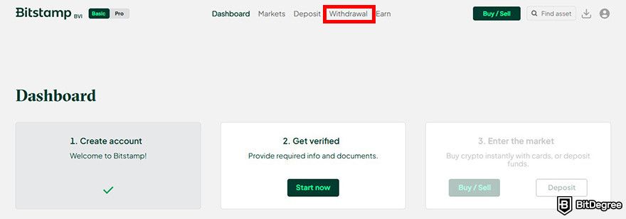 Withdrawal Bitstamp: Bitstamp user dashboard interface with the Withdrawal button highlighted.