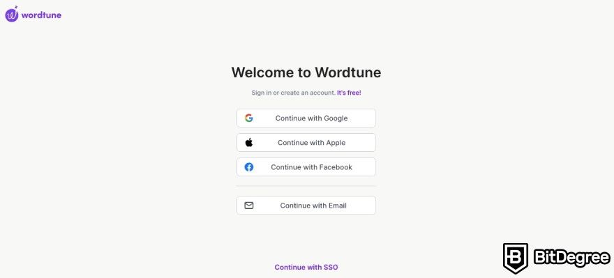 Wordtune review: Wordtune's sign up page.