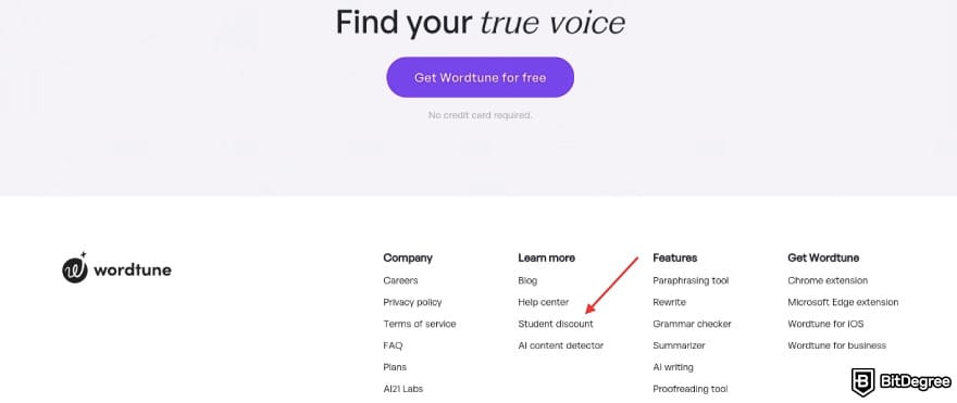 Wordtune student discount: a red arrow pointing to the Student discount section in the website's footer.