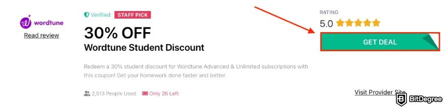 Wordtune student discount: a red arrow pointing to the [GET DEAL] button.