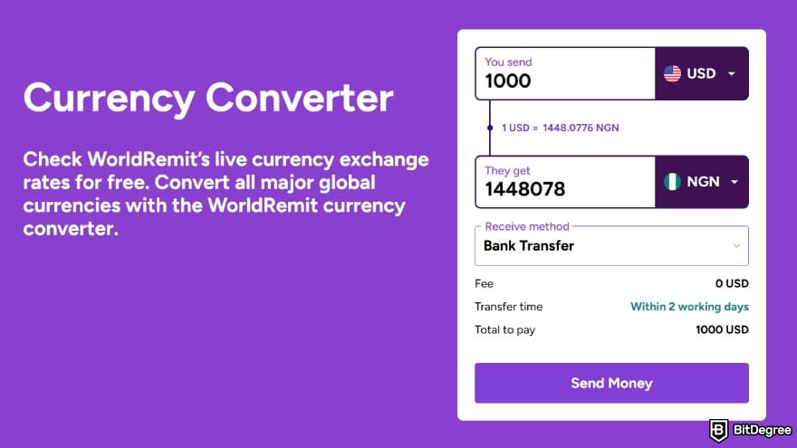 WorldRemit review: WorldRemit’s currency converter showing exchange rates for USD to NGN. WorldRemit review: WorldRemit’s currency converter showing exchange rates for USD to NGN.