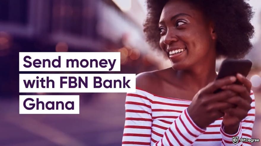WorldRemit review: a person smiling and using their phone, with a banner promoting sending money via FBN Bank in Ghana. WorldRemit review: a person smiling and using their phone, with a banner promoting sending money via FBN Bank in Ghana.