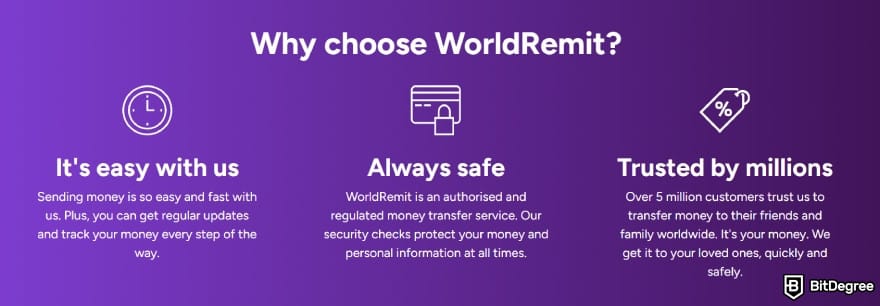 WorldRemit review: a promotional image highlighting why to choose WorldRemit, emphasizing ease, security, and trust with over 5 million customers. WorldRemit review: a promotional image highlighting why to choose WorldRemit, emphasizing ease, security, and trust with over 5 million customers.