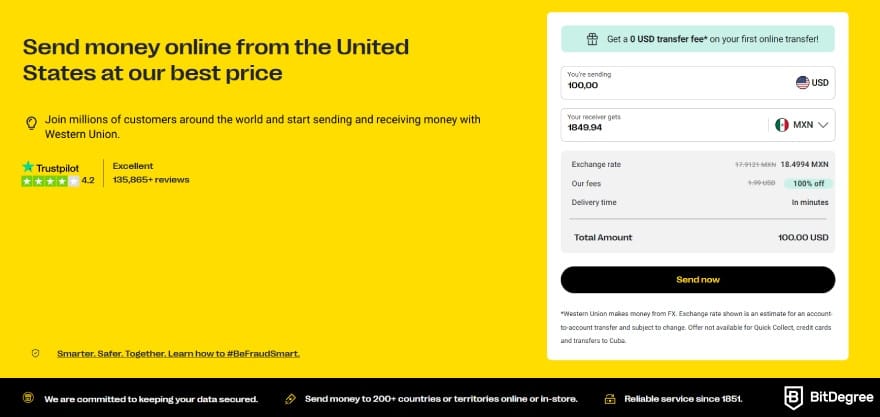 WorldRemit review: Western Union's landing page. WorldRemit review: Western Union's landing page.