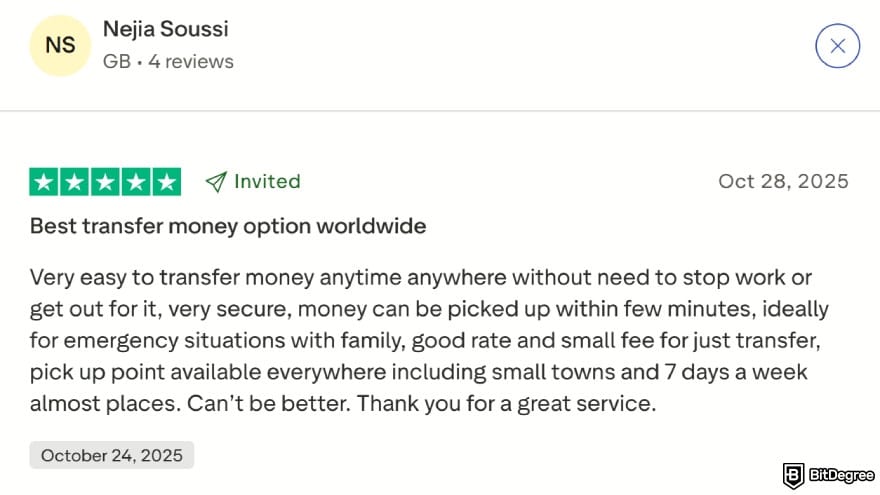 WorldRemit review: positive review from user about Western Union's service. WorldRemit review: positive review from user about Western Union's service.