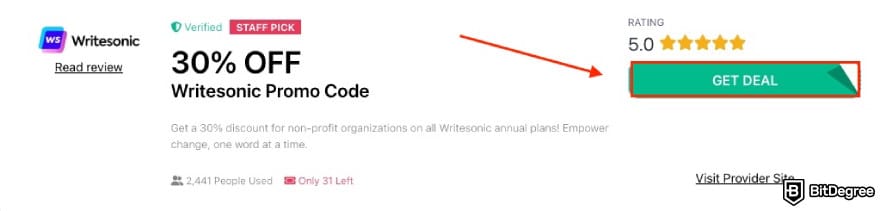 Writesonic coupon code: a red arrow pointing to GET DEAL button.