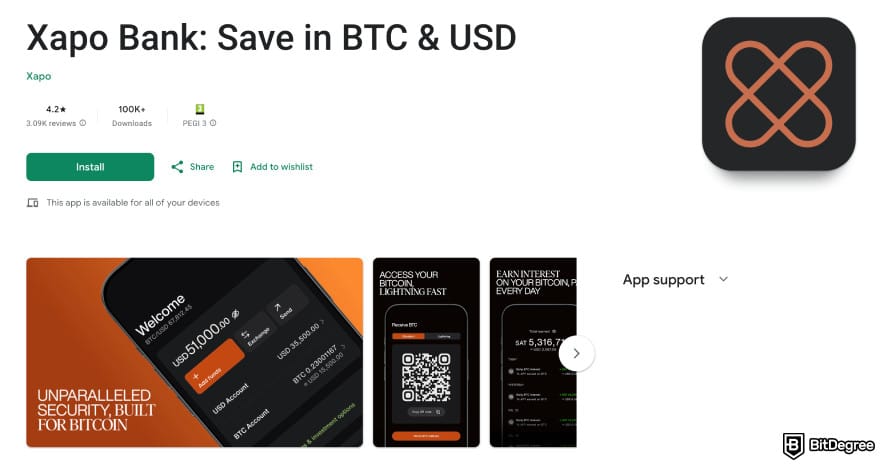 Xapo bank review: Android app on Google Play Store.